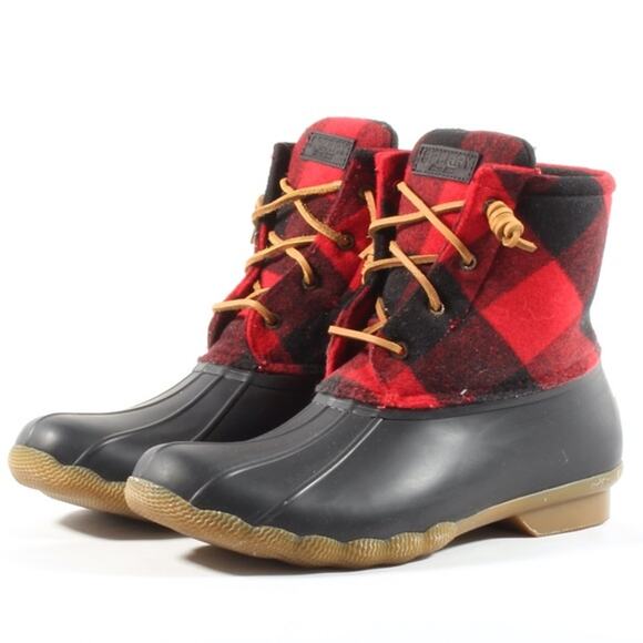 Sperry Womens Boots Size 6M 6 M Saltwater Buffalo Winter Duck Red Black Wool - Picture 1 of 7